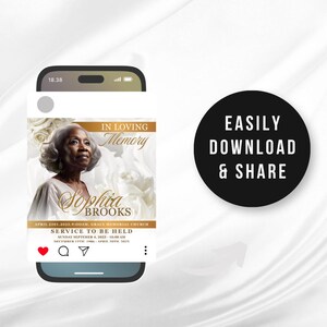 May include: A smartphone displays a memorial graphic with the text "In Loving Memory" and the name "Sophia Brooks." The design includes a portrait, floral elements, and service details. A black circle with white text reads "Easily Download & Share."
