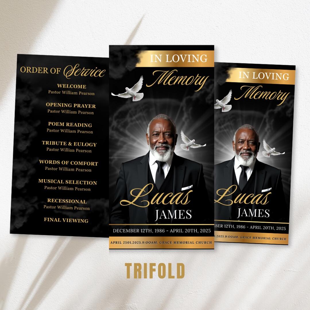 Black & Gold Funeral Program Template: Trifold Memorial (canva Template ...