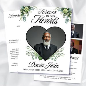 Puede incluir: Una tarjeta conmemorativa con el texto "Forever in our Hearts" y una foto de un hombre con traje negro. La tarjeta incluye el nombre "David Jalen" y las fechas "12 de diciembre de 1986 - 20 de abril de 2025". Adornos florales y de hojas decoran la tarjeta.