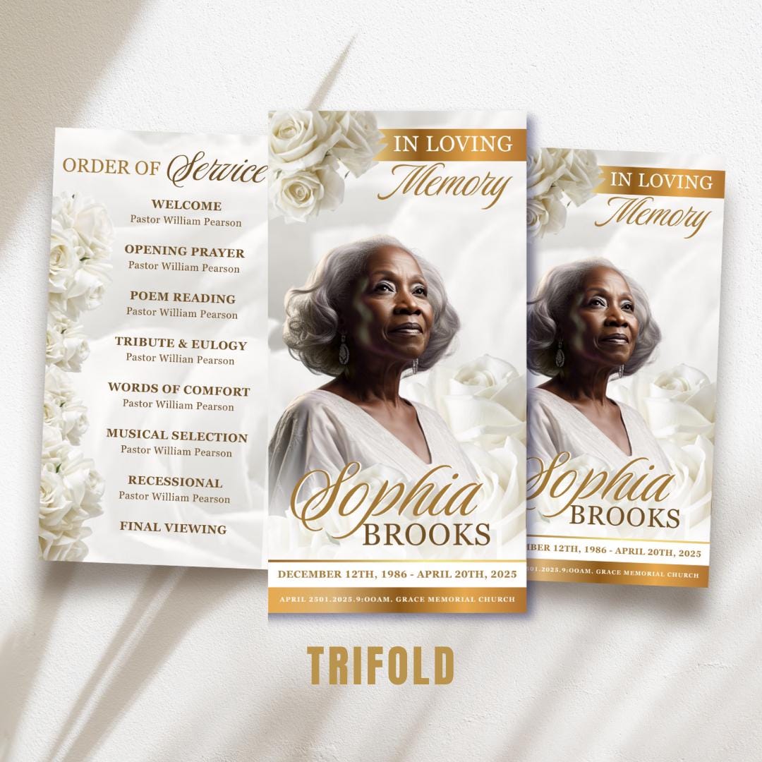 White Roses Funeral Program Template: Trifold Memorial (canva Template ...