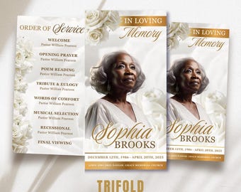 White Roses Funeral Program Template: Trifold Memorial (Canva Template)