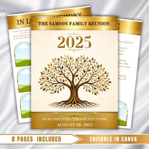 May include: A multi-page event program template featuring a gold and cream color scheme. The cover displays a central tree illustration, the text THE SAMSON FAMILY REUNION, the year 2025, and event details for Main Shelter, Tri-County Park, August 30, 2025.