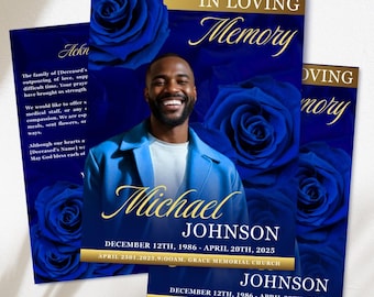 Blue & Gold Funeral Program Template: Elegant Roses, Celebration of Life (Canva, 8-Page Digital Download)