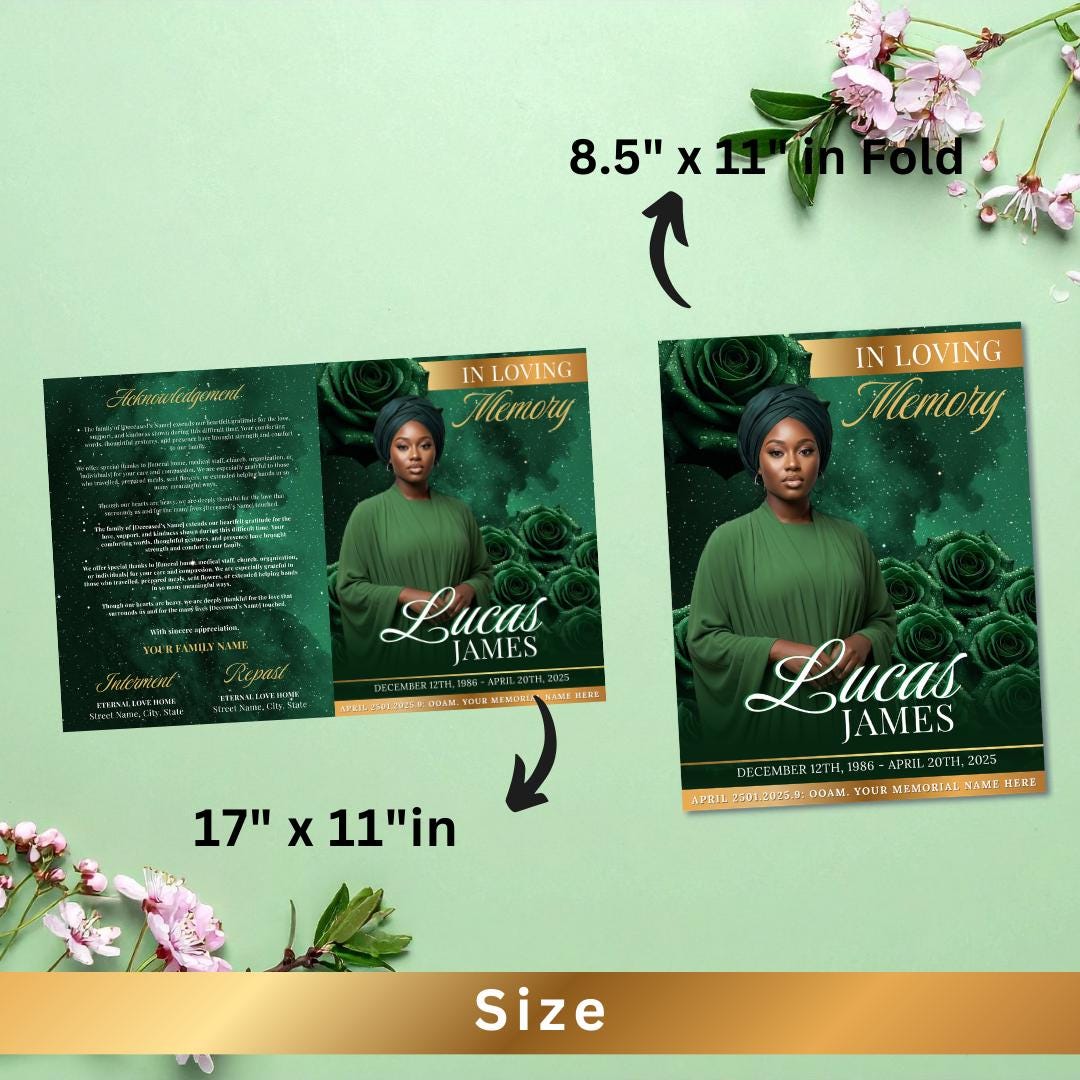 Green & Gold Roses Funeral Program Template: 8-page Memorial (canva ...