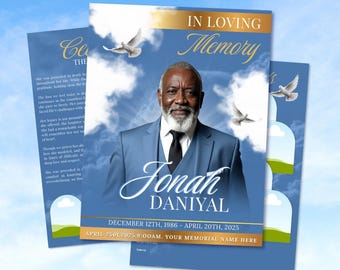 Blue & Gold Funeral Program Template: 8-Page Memorial (Canva, Digital Download)