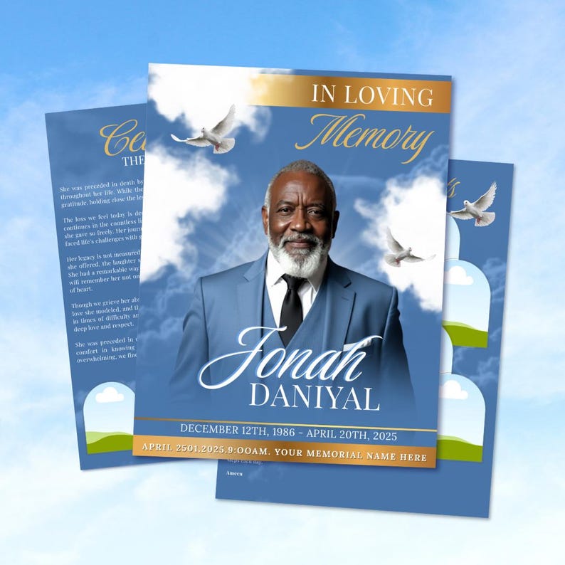 Blue & Gold Funeral Program Template: 8-Page Memorial (Canva, Digital Download) image 1