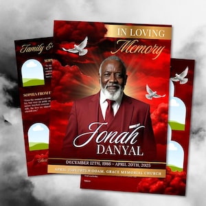 Red & Gold Roses Funeral Program Template: 8-Page Memorial (Canva, Digital Download 17x11"