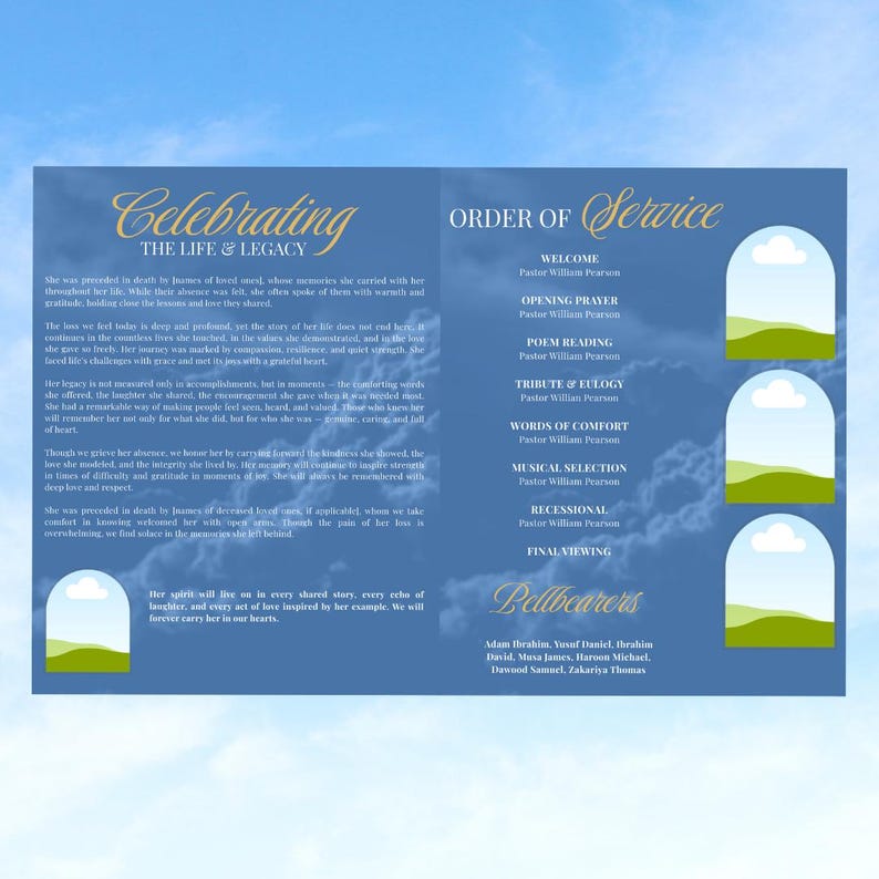 Blue & Gold Funeral Program Template: 8-Page Memorial (Canva, Digital Download) image 4