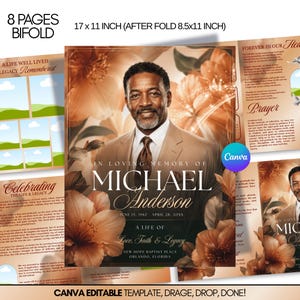 Peut inclure: Un mod&egrave;le de programme fun&eacute;raire pli&eacute; de 8 pages mesurant 43,18 x 27,94 cm d&eacute;pli&eacute;. Le design pr&eacute;sente le portrait d'un homme en costume beige, entour&eacute; de fleurs orange, avec le texte In Loving Memory of Michael Anderson, June 15, 1962.