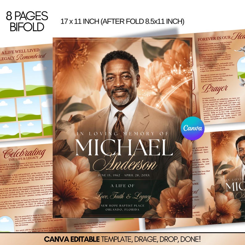 Peut inclure: Un mod&egrave;le de programme fun&eacute;raire pli&eacute; de 8 pages mesurant 43,18 x 27,94 cm d&eacute;pli&eacute;. Le design pr&eacute;sente le portrait d'un homme en costume beige, entour&eacute; de fleurs orange, avec le texte In Loving Memory of Michael Anderson, June 15, 1962.