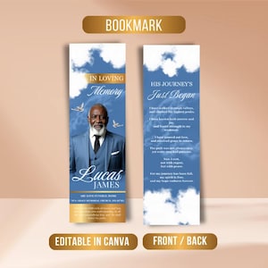 May include: A memorial bookmark with a blue sky and cloud background. The front features a portrait, the text "IN LOVING Memory" and the name "Lucas James". The back has a poem titled "HIS JOURNEY'S Just Began".