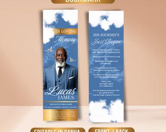 Blue Roses Memorial Bookmark Template: Funeral Keepsake (Canva PDF)