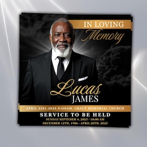 May include: A memorial card featuring a portrait of a man in a black suit and tie. The words "IN LOVING Memory" are at the top, with "Lucas JAMES" in elegant script below the portrait. The card includes service details: April 2501.2025, Grace Memorial Church.