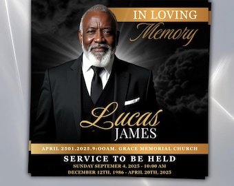 Black & Gold Funeral Announcement Flyer: Obituary, Celebration of Life (Canva Template PDF)