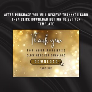 May include: A digital thank you card design with a gold and white bokeh background. The card says "Thank you" in elegant script, with text below that reads "For your purchase, click here for download." A download button is also visible.
