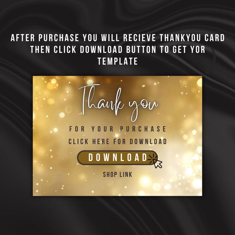 May include: A digital thank you card design with a gold and white bokeh background. The card says "Thank you" in elegant script, with text below that reads "For your purchase, click here for download." A download button is also visible.