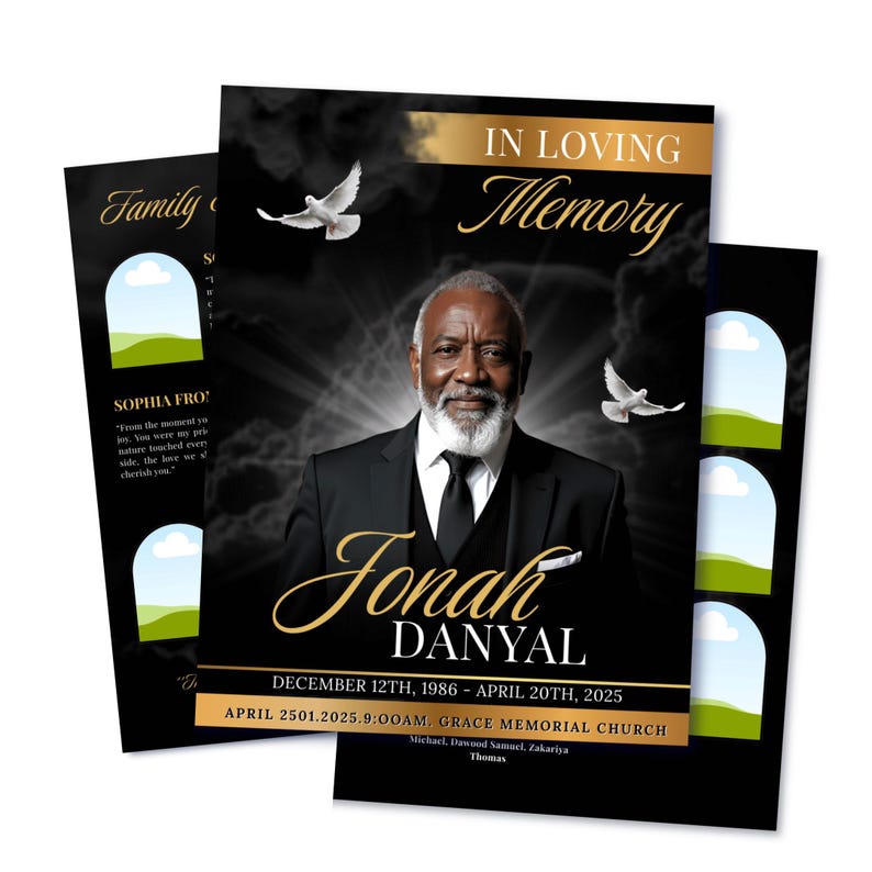 Peut inclure: Un programme fun&eacute;raire avec le portrait d'un homme &acirc;g&eacute; &agrave; barbe blanche en costume noir et cravate. Le design inclut le texte IN LOVING MEMORY, Jonah DANYAL, les dates et le lieu, agr&eacute;ment&eacute; de colombes blanches et de lettrage dor&eacute; sur fond noir.