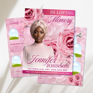 Pink Roses Funeral Program Template: Elegant Memorial Program (Canva, 8-Page Bi-Fold, Digital Download)