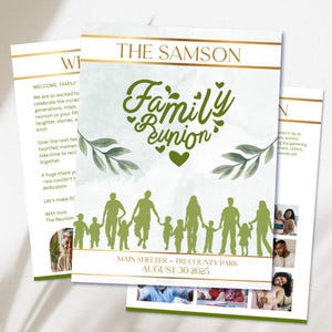Puede incluir: Un conjunto de invitaciones para una reunión familiar. La invitación principal presenta el texto "The Samson Family Reunion" con un diseño en forma de corazón verde y siluetas familiares. La fecha es el 30 de agosto de 2025.