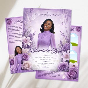 May include: A set of memorial cards with a portrait of a woman in a lavender dress, surrounded by floral arrangements. The cards feature the text "In Loving Memory" and the name "Elizabeth Rose."