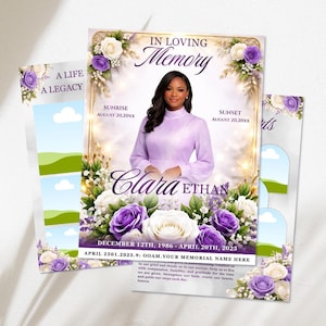 May include: A memorial card design with a portrait of a woman in a lavender dress, surrounded by white and purple roses. The text includes "In Loving Memory," dates, and a personalized name. Additional cards are visible.