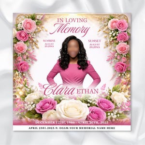 Pink & White Roses Funeral Announcement Flyer: Obituary, Celebration of Life (Canva Template PDF)