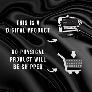 Puede incluir: Gr&aacute;fico en blanco y negro con el texto "THIS IS A DIGITAL PRODUCT" y "NO PHYSICAL PRODUCT WILL BE SHIPPED". Incluye una ilustraci&oacute;n de ordenador y un icono de carrito de la compra.