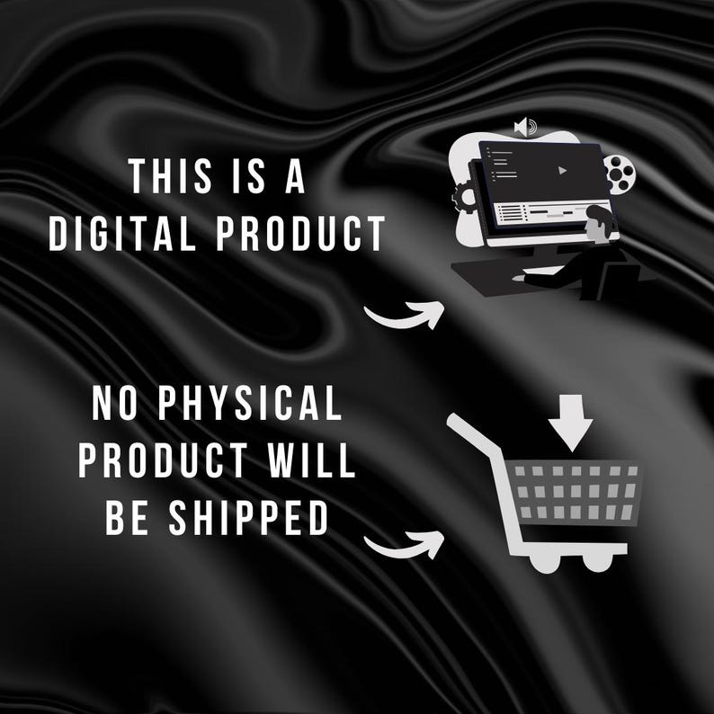 Puede incluir: Gr&aacute;fico en blanco y negro con el texto "THIS IS A DIGITAL PRODUCT" y "NO PHYSICAL PRODUCT WILL BE SHIPPED". Incluye una ilustraci&oacute;n de ordenador y un icono de carrito de la compra.