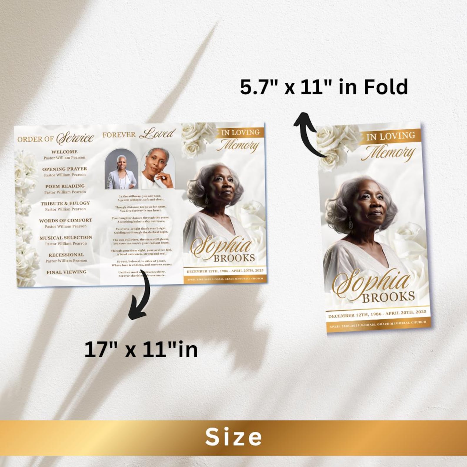 White Roses Funeral Program Template: Trifold Memorial (canva Template ...