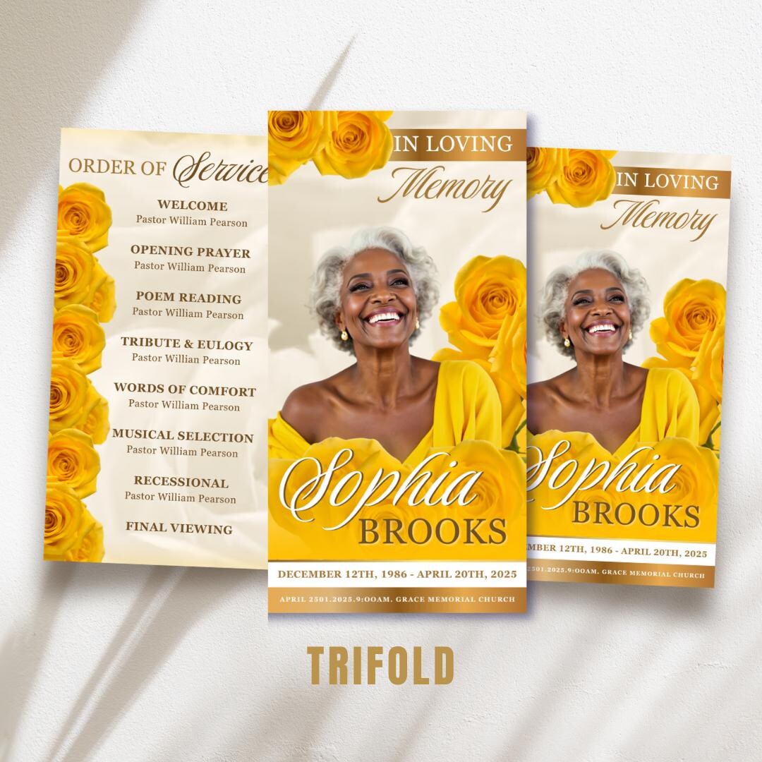 Yellow Roses Funeral Vector Yellow Roses Funeral Program Template: Trifold Memorial (canva Template ...