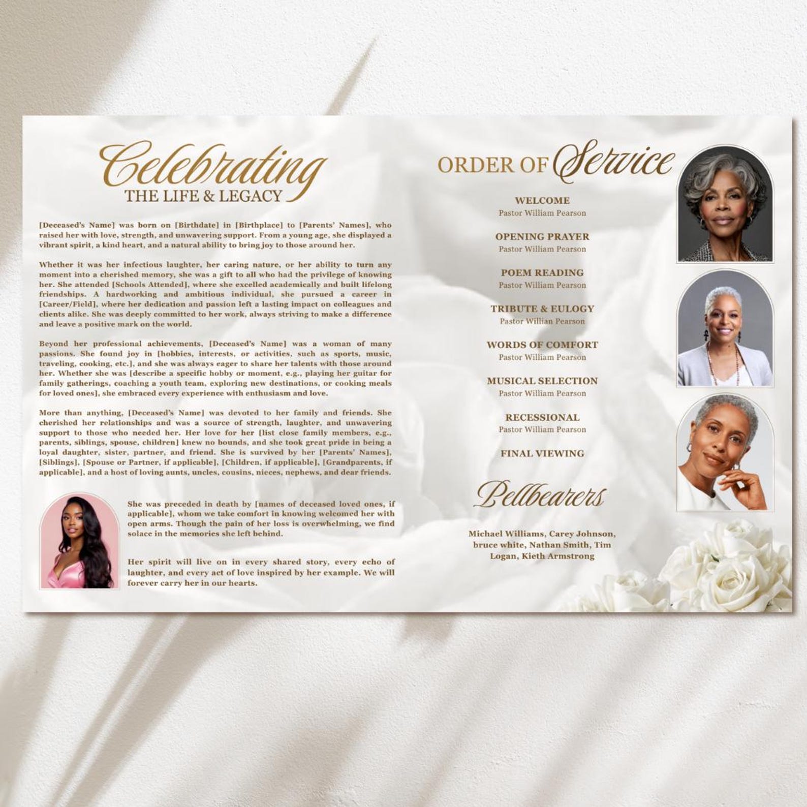 White Roses Funeral Program Template: 8-page Memorial (canva, 17x11 ...