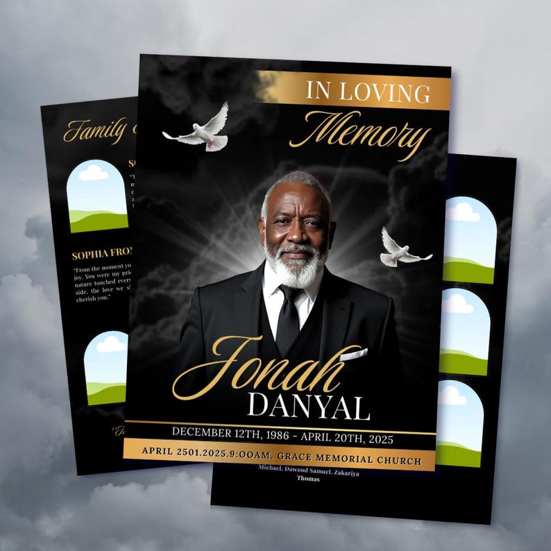 Black & Gold Funeral Program Template: 8-Page Memorial (Canva, Digital Download) image 1