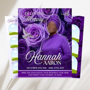 Mall för begravningsprogram för Purple Roses, dödsannons för minnesstund (Canva-mall)