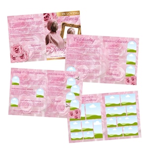Peut inclure: Un mod&egrave;le de programme fun&eacute;raire avec un fond de roses rose p&acirc;le, des accents dor&eacute;s et plusieurs emplacements pour photos. Le texte comprend des sections pour In Loving Memory, Acknowledgement, Order of Service, Family and Friends Tributes et Prayer.