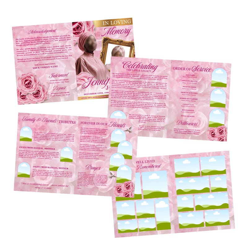 Peut inclure: Un mod&egrave;le de programme fun&eacute;raire avec un fond de roses rose p&acirc;le, des accents dor&eacute;s et plusieurs emplacements pour photos. Le texte comprend des sections pour In Loving Memory, Acknowledgement, Order of Service, Family and Friends Tributes et Prayer.