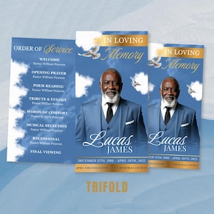 Puede incluir: Un programa de servicio conmemorativo azul de tres pliegues con el texto "In Loving Memory" y el nombre "Lucas James". El programa incluye un retrato de un hombre con traje, palomas y detalles del servicio.