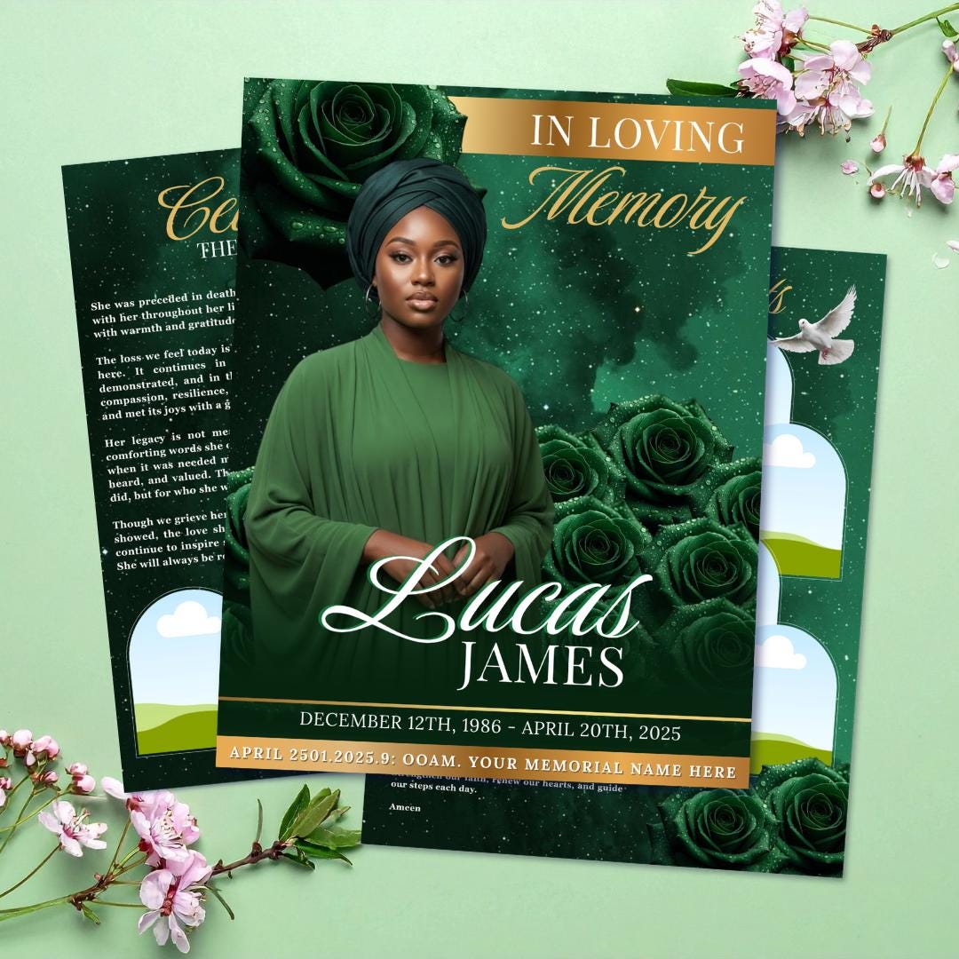 Green & Gold Roses Funeral Program Template: 8-page Memorial (canva ...