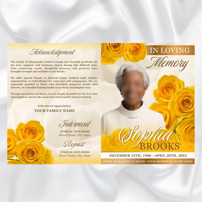 Yellow Roses Funeral Vector Yellow Roses Funeral Program Template: Gold Obituary Booklet (canva ...