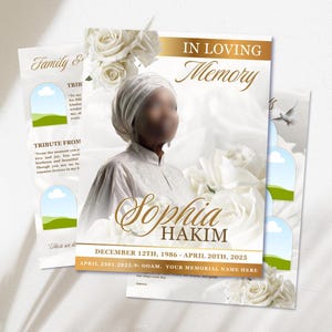 Op de afbeelding: Een sjabloon voor een uitvaartprogramma met de tekst IN LOVING MEMORY en de naam Sophia Hakim. Het ontwerp bevat witte rozen, een portret van een persoon met een hoofdbedekking en de data 12 december 1986 - 20 april 2025 in goud.