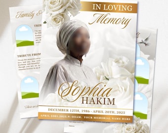 White Roses Funeral Program Template: 8-Page Memorial (Canva, 17x11 Digital Download)