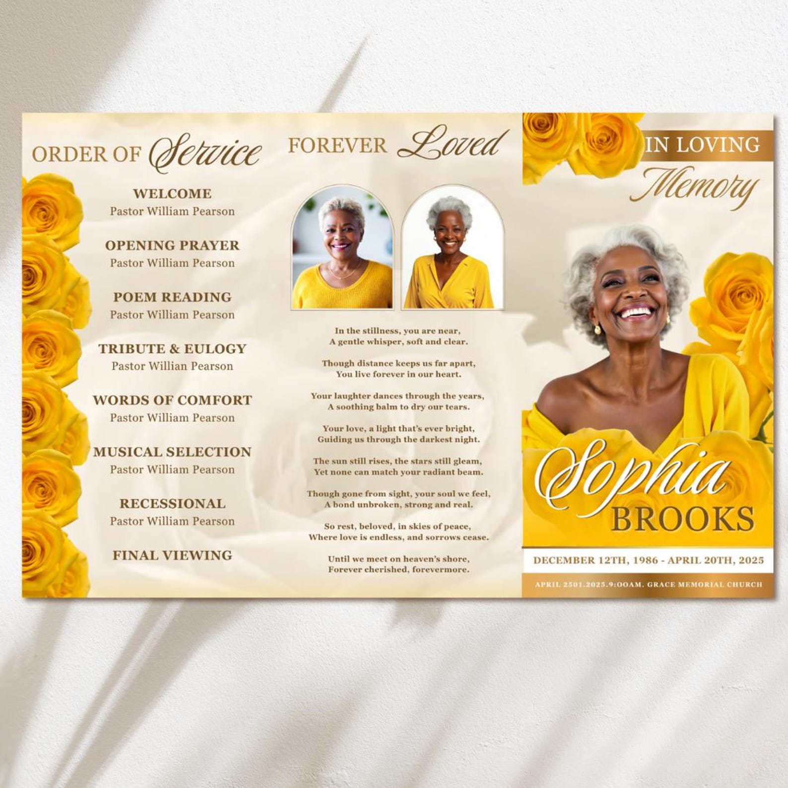 Yellow Roses Funeral Vector Yellow Roses Funeral Program: Trifold Memorial Template (17x11 Canva ...