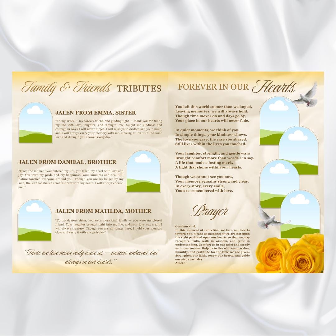 Yellow Roses Funeral Vector Yellow Roses Funeral Program Template: Gold Obituary Booklet (canva ...