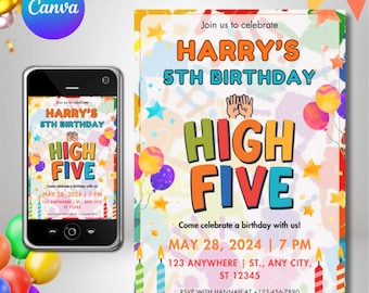 Editable Neon 5th Birthday Invitation, Boy (Digital Download)