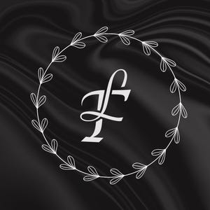 May include: A white letter "F" in a decorative script, encircled by a delicate wreath of leaves, set against a black, rippled background. The design is simple and elegant, suitable for branding or monogram use.