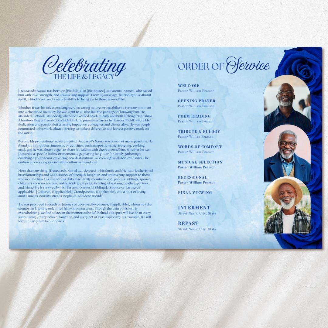 Royal Blue Roses Funeral Program Template, Memorial Obituary (canva ...