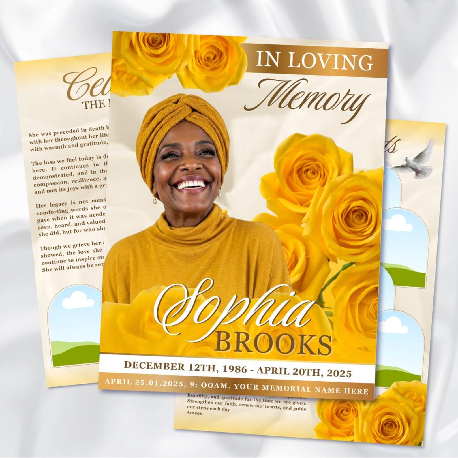 Yellow Roses Funeral Vector Yellow Roses Funeral Program Template: Gold Obituary Booklet (canva ...