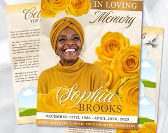 Yellow Roses Funeral Program Template: Gold Obituary Booklet (Canva, 17x11, Digital Download)