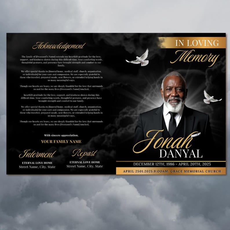 Black & Gold Funeral Program Template: 8-Page Memorial (Canva, Digital Download) image 3