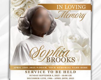 White Gold Funeral Announcement Flyer: Celebration of Life Invitation (Canva Template, 8x8) (Digital Download