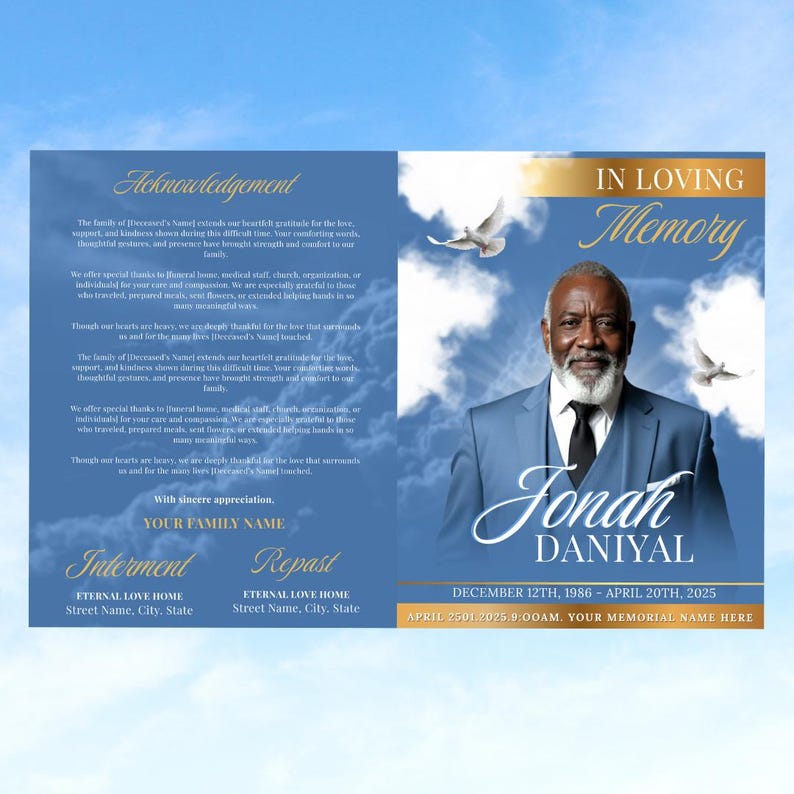 Blue & Gold Funeral Program Template: 8-Page Memorial (Canva, Digital Download) image 3